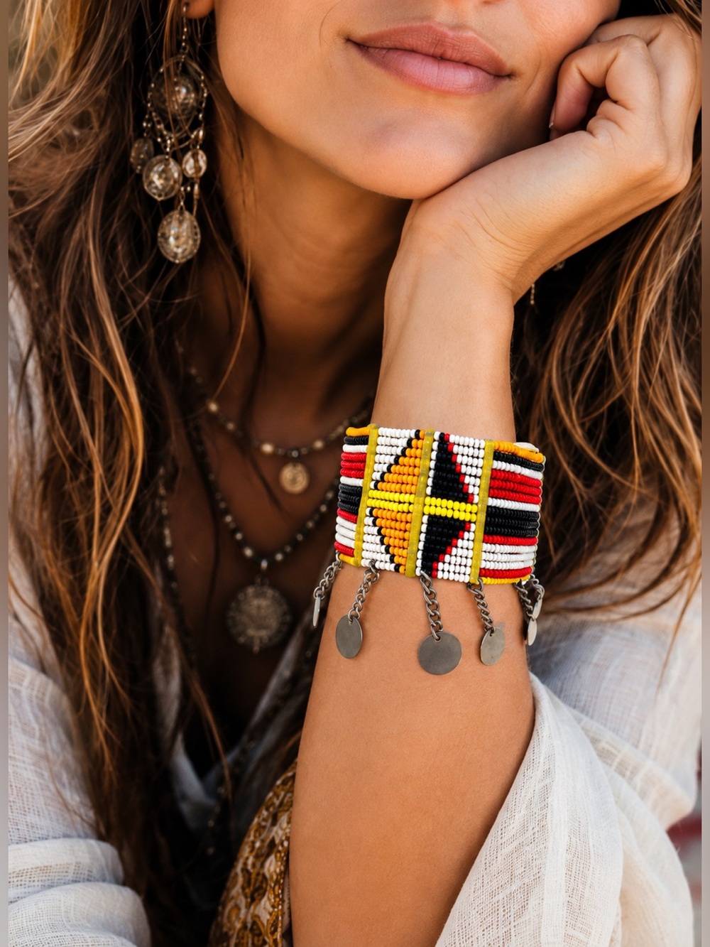 Vintage Maasai Beaded Cuff Bracelet Wide African Tribal Statement Dangle Boho